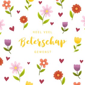 Beterschapskaart met vrolijke bloemen en hartjes