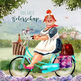 Beterschapskaart met zuster Tinie op de fiets met mandje