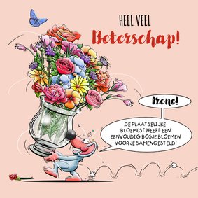 Beterschapskaart muisje met grote glazen vaas bloemen