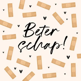 Beterschapskaart pleisters hartjes knuffel beterschap