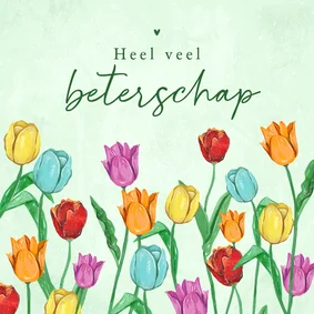Beterschapskaart tulpen kleurrijk groen bloemen waterverf 