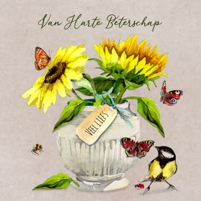 Beterschapskaart vaas met zonnebloemen en vlinders
