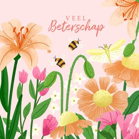 Beterschapskaart veel beterschap met bloemen en hommels