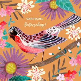 Beterschapskaart vogel met bloemen oranje