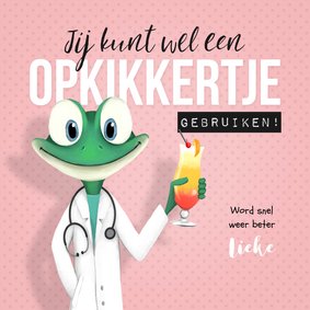 Beterschapskaart vrouw opkikker dokter ziekenhuis kikker