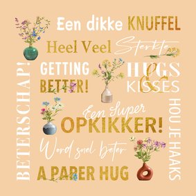 Beterschapskaart wilde bloemen in vaasjes typografie