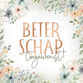 Beterschapskaartje met bloemenkader en koperen tekst