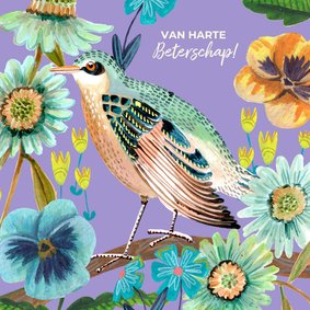 Beterschapskaartje vogel en bloemen paars