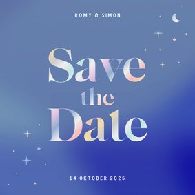 Blauwe save the date kaart uniek met holografische sterren