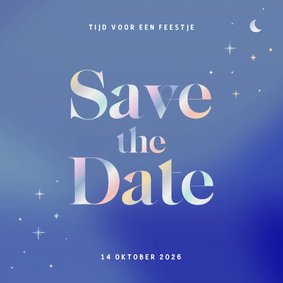 Blauwe save the date uitnodiging met holografische folie