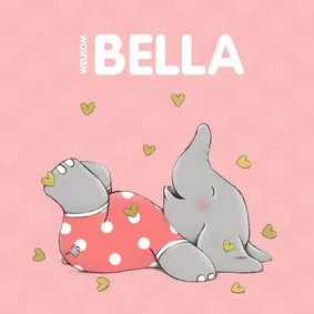 Blij geboortekaartje met vrolijk olifantje en gouden hartjes