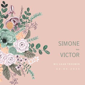 Bohemian blush pink and sage groen bloemen trouwkaart.