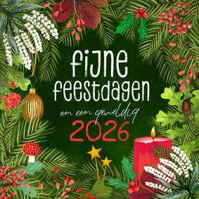 Botanische kerstkaart met kaars