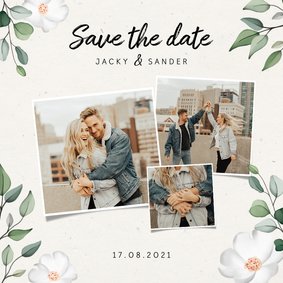 Botanische Save the date kaart met fotocollage