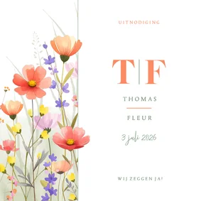 Botanische trouwkaart met aquarel gemengde wilde bloemen