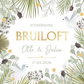 Botanische trouwkaart met witte duifjes en planten kader 