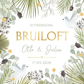 Botanische trouwkaart met witte duifjes en planten kader 