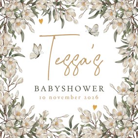 Botanische uitnodiging babyshower met bloemen en vlinders