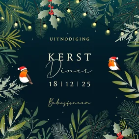 Botanische uitnodiging kerst met verplaatsbare roodborstjes