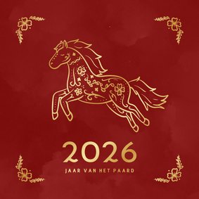 Chinees nieuwjaarskaartje paard in goudfolie rood