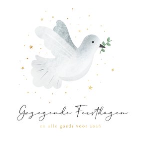 Christelijke kerstkaart met vredesduif en goudfolie sterren