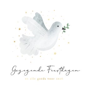Christelijke kerstkaart met vredesduif en goudfolie sterren
