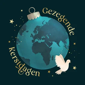 Christelijke kerstkaart vredesduif aarde kerstbal gezegend
