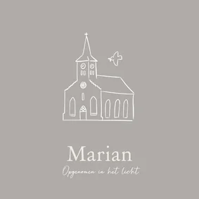 Christelijke rouwkaart met een kerkje en vredesduif