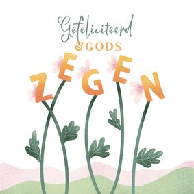 Christelijke verjaardagskaart bloemenletters Gods zegen