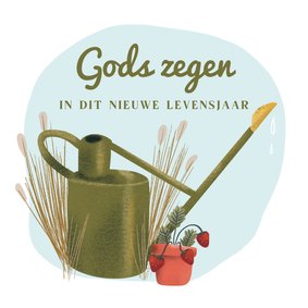 Christelijke verjaardagskaart met aardbeienplant en gieter