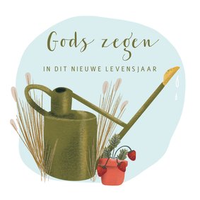 Christelijke verjaardagskaart met gieter en aardbeienplant