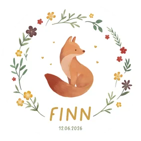 Cirkel geboortekaartje vosje lente bloemen hartjes