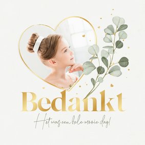 Communie bedankkaartje eucalyptus hartjes foto goud