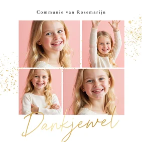 Communie bedankkaartje fotocollage wit met gouden spetters 