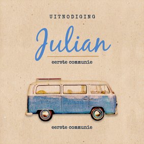 Communie uitnodiging blauw retro Volkswagen busje