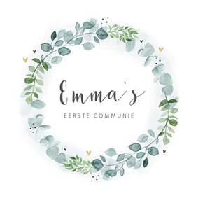 Communie uitnodiging eucalyptus krans gouden hartjes