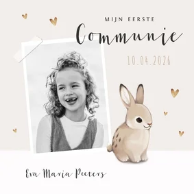 Communie uitnodiging konijn hartjes en foto