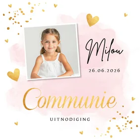 Communie uitnodiging meisje met foto roze waterverf goudlook