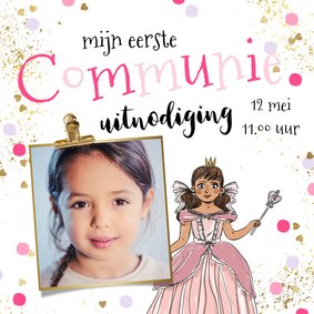 Communie uitnodiging prinses confetti gouden hartjes