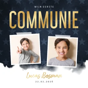 Communie uitnodiging stoer waterverf blauw met sterren