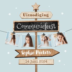 Communie wegwijzers uitnodiging sterren hout fotoslinger