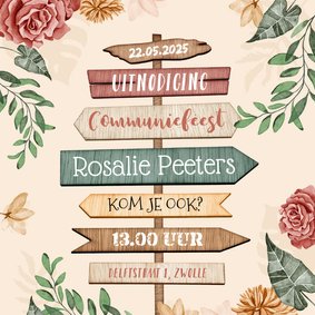 Communiefeest bloemen wegwijzers hout roze vintage