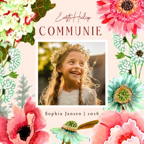 Communiekaart bloemen op helder blauwe achtergrond