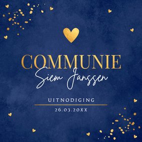 Communiekaart jongen donkerblauw goudlook hartje
