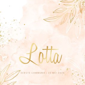 Communiekaart lief roze waterverf met blaadjes