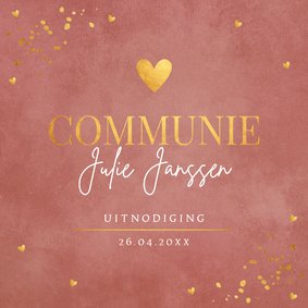 Communiekaart meisje roestbruin terracotta goudlook hartje