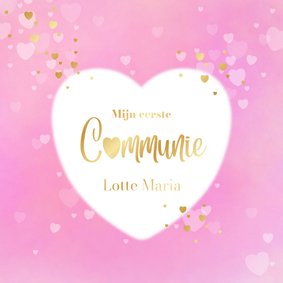 Communiekaart meisje roze met hartjes en goudfolie