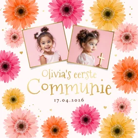 Communiekaart uitnodiging gerbera bloemen kleurrijk goud