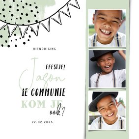 Communiekaart vierkant fotostrip met vlaggen en confetti