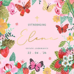 Communiekaart vlinders en bloemen met naam